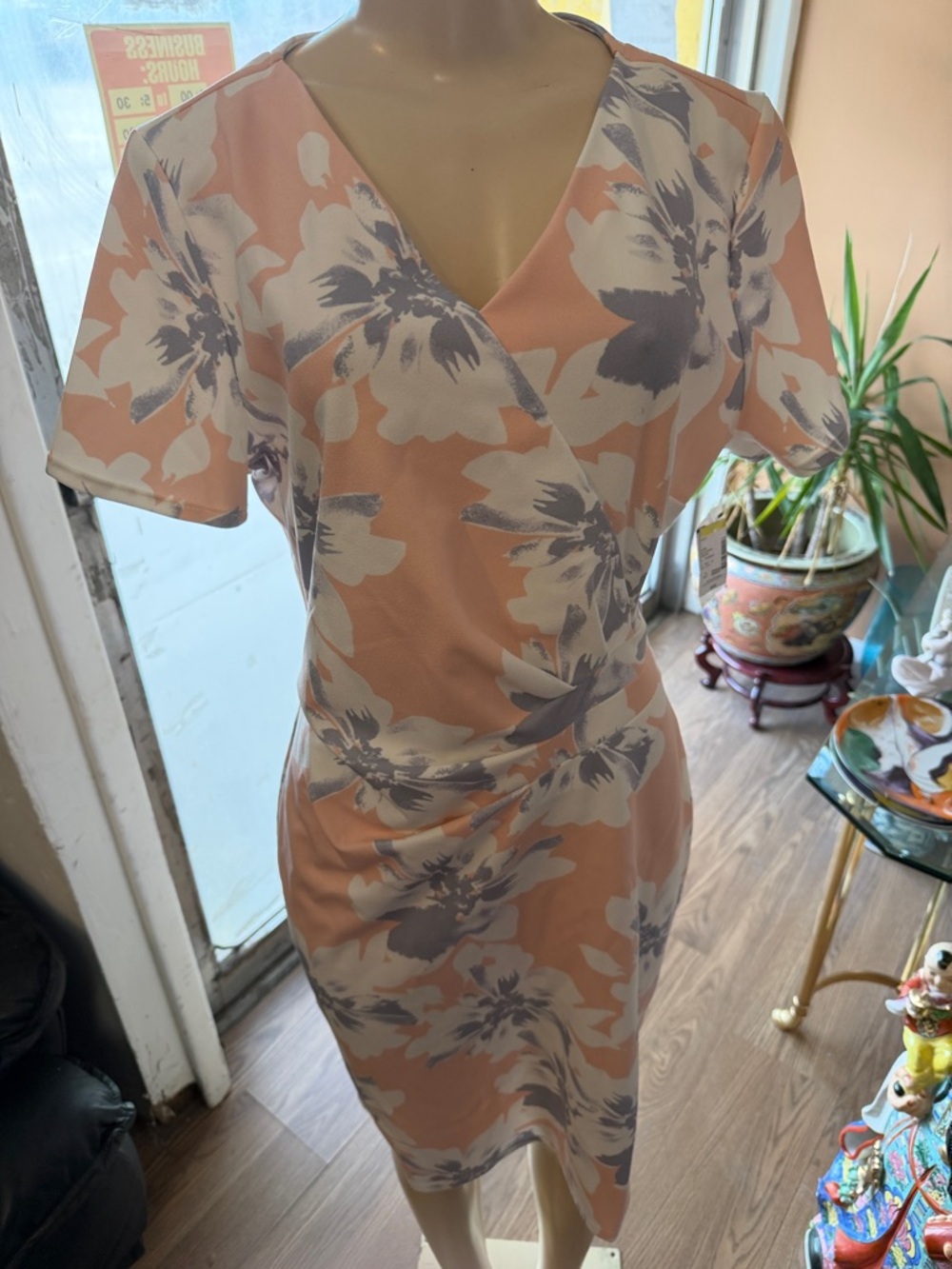 Floral Wrap-Style Peach and White Dress